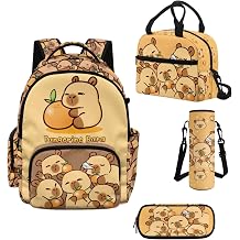 WELLFLYHOM Little Kid 4 PCS Cute Capybara Backpack Set for Girls Back to School Supplies, 17 Inch Light Blue Elementary School Backpack with Lunch Box for Age 6-8, Mochilas Escolares Para Ninas