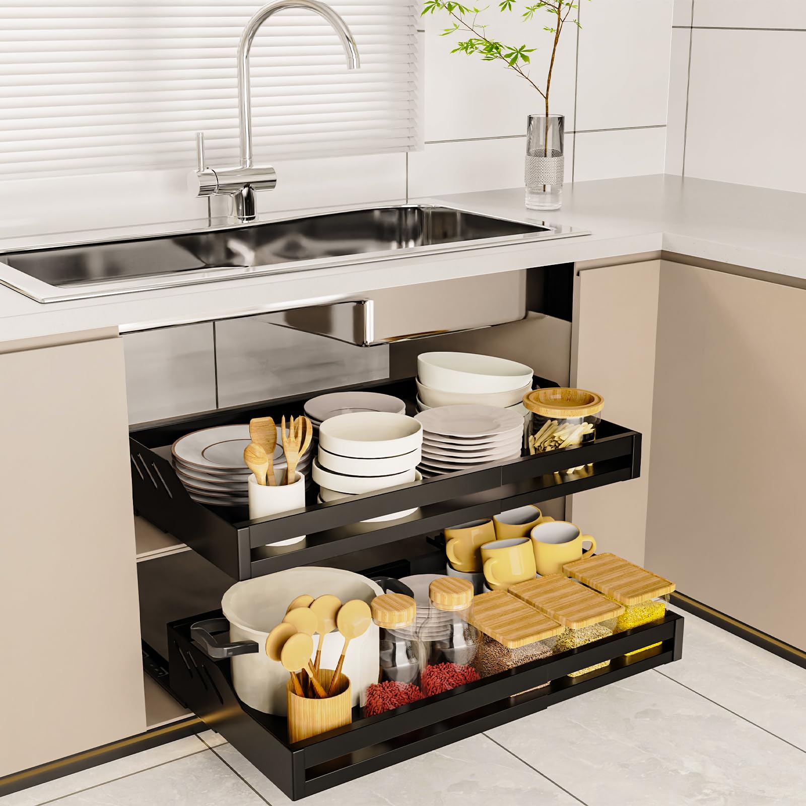 Yawinhe Cajones Extraibles Para Cocina,39-60cm Cajones Telescópicos,Negro | Organizador de Armario Extensible de Cocina;Cajón Deslizante Resistente,sin Necesidad de Taladrar ni Clavar