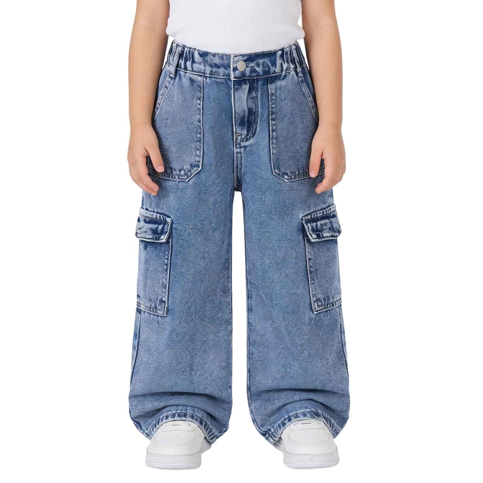 Pantalones cargo de mezclilla para niñas con bolsillo y cintura elástica 8