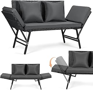 Gartenbank Polyrattan mit Liegefunktion, 2-Sitzer Gartensofa mit Verstellbare Armlehnen, Outdoor Sofa Wetterfest mit Sitzpolstern & Kissenfür, 3 in 1 Balkon Sofa für Garten,Balkon & Terrasse, Grau