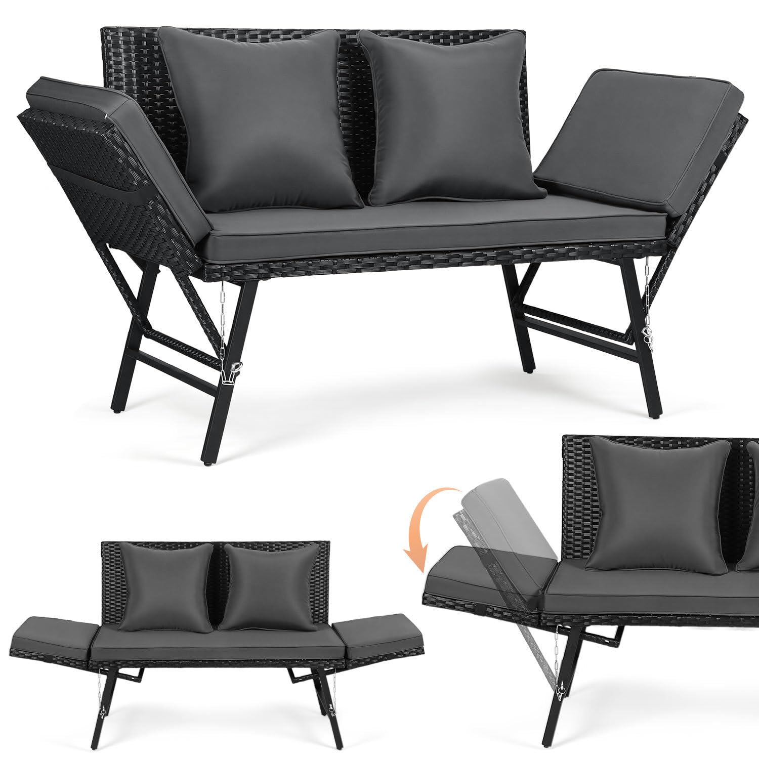Gartenbank Polyrattan mit Liegefunktion, 2-Sitzer Gartensofa mit Verstellbare Armlehnen, Outdoor Sofa Wetterfest mit Sitzpolstern & Kissenfür, 3 in 1 Balkon Sofa für Garten,Balkon & Terrasse, Grau