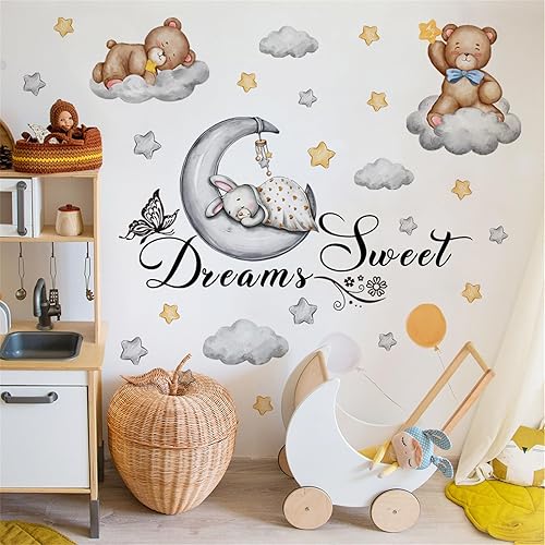 Miniatura 5 de Calcomanía de pared de animales de dibujos animados, oso conejo, estrella, luna, decoración de pared extraíble, decoración mural de arte para niños,