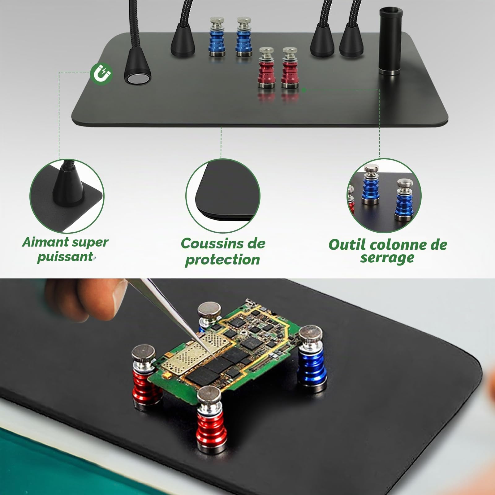 Troisième main - Aide à la soudure magnétique avec loupe 10X - Station de soudage avec 4 colonnes PCB - 4 bras flexibles et 1 bras de support mécanique - Aide à la soudure pour soudeurs, bijoutiers