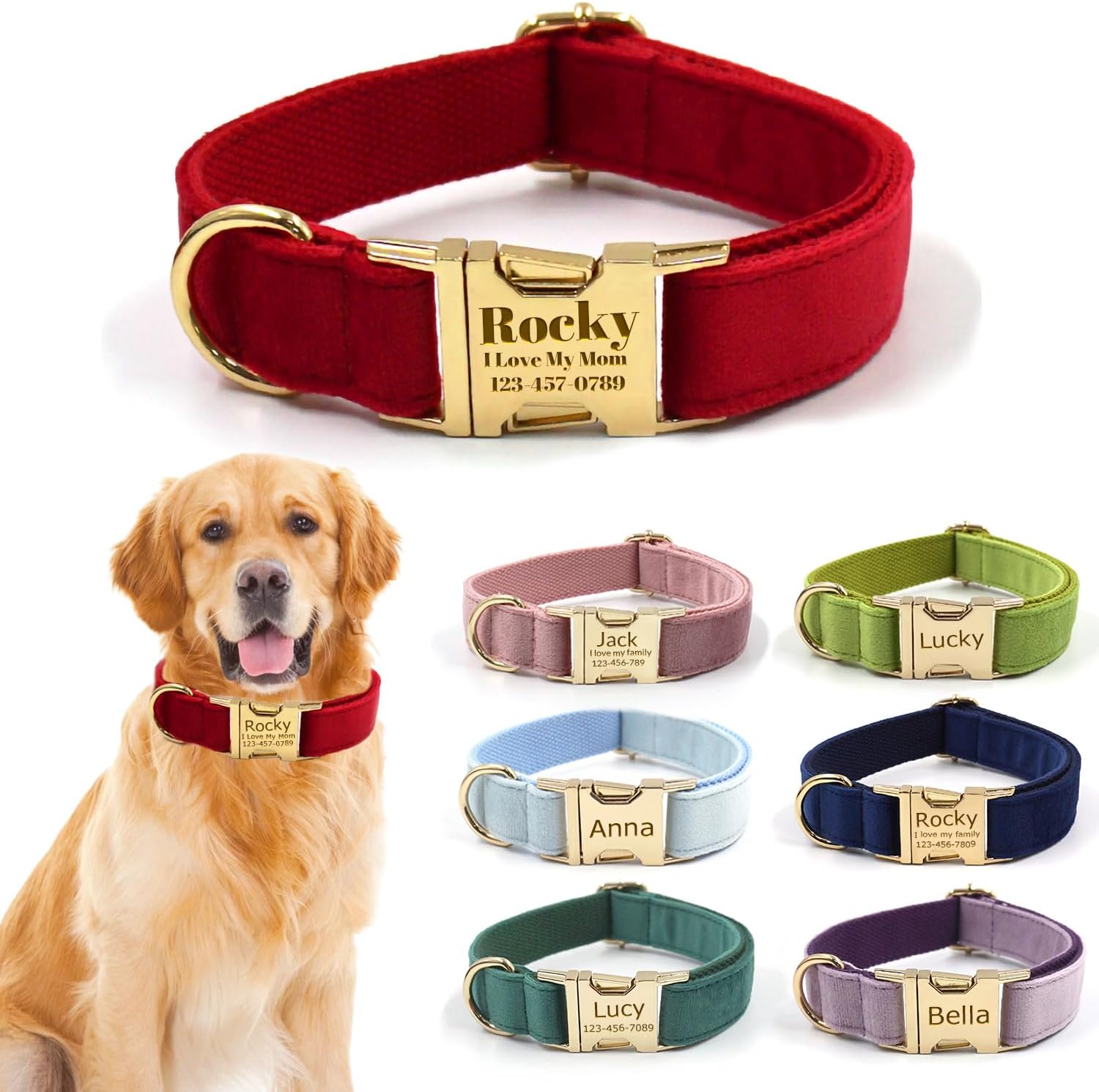 Collar personalizado para perro de terciopelo con hebilla metálica