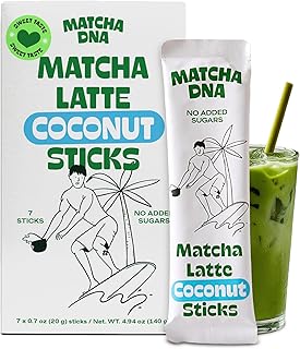 MatchaDNA Coconut Matcha Latte Powder Sticks 7 Pack (20g Each) – Sweetened with Milk, No Sugar Added – Instant Matcha Latte Mix Packets – Organic Macha Tea Powder for Hot or Iced Drinks, Smooth Energy