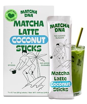 MatchaDNA Coconut Matcha Latte Powder Sticks 7 Pack 20g Each Sweetened with Milk, No Sugar Added Instant Matcha Latte Mix Packets Organic Macha Tea Powder for Hot or Iced Drinks, Smooth Energy