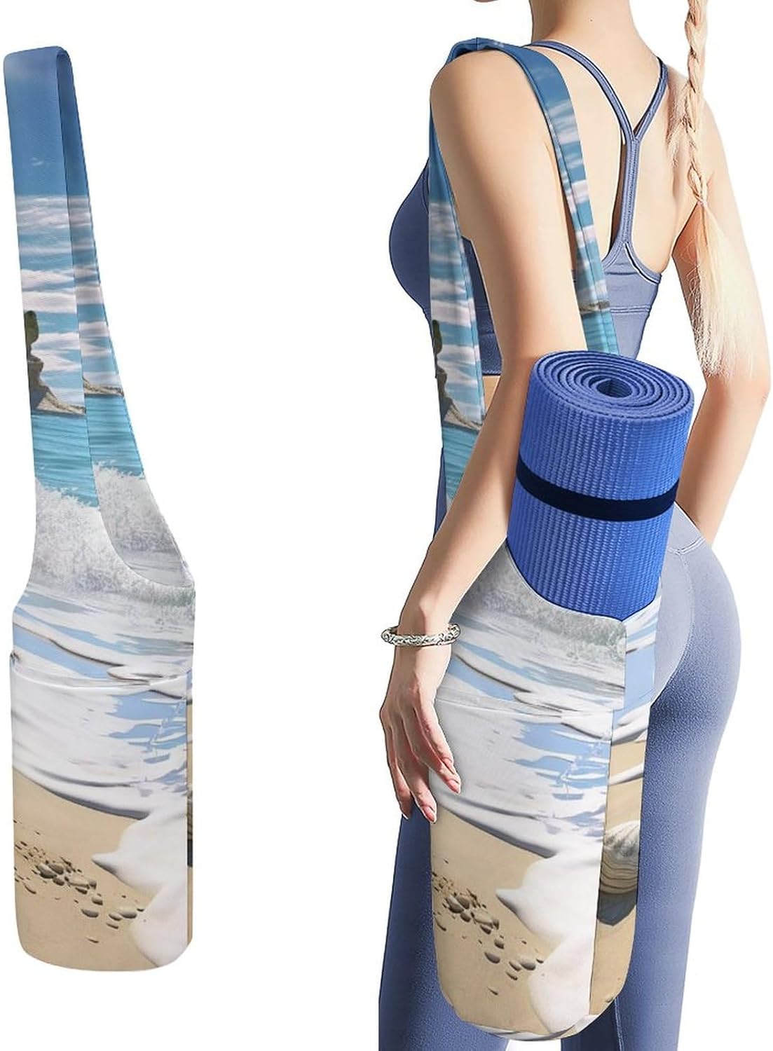 Canvas Yoga Bag,Ocean Beach Printed Yoga Mat Handbag,Portable Yoga Mat Bag Large Capacity Gym Bag for Men Women Pilates Beach Travel