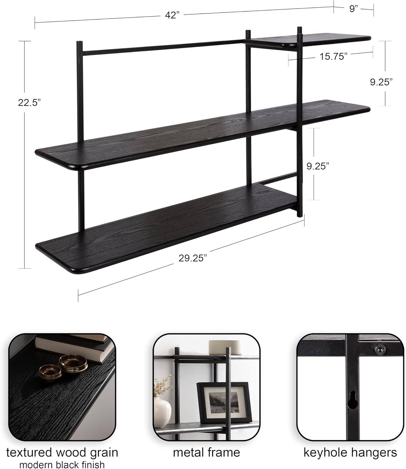 Kate and Laurel Ramone Three-Tiered Wall Shelf, 42 x 23, Black, Decorative Shelving Unit and Wall Organizer for Entryway Storage or Living Room Display Shelf