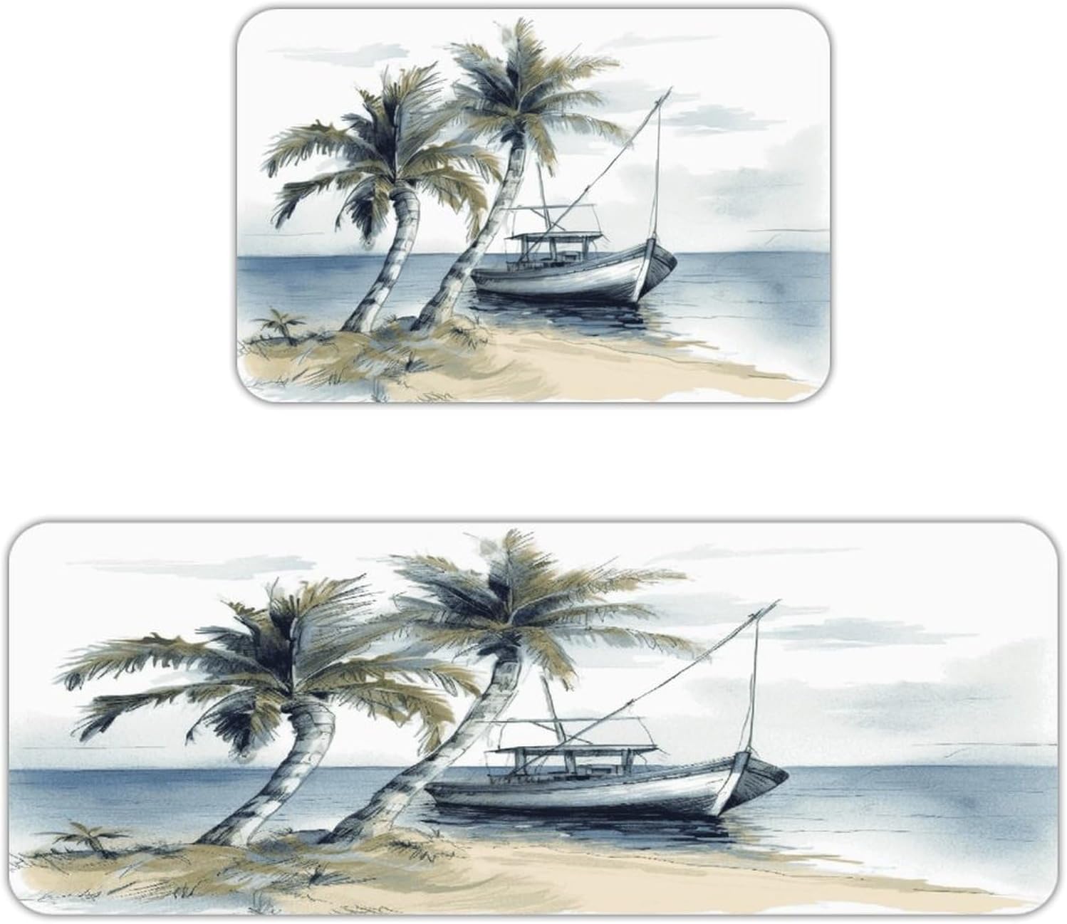 Palm Trees Fishing Boat Kitchen Mat Outdoor Rug Area Rug | Kitchen Rug for Washable Non-Slip Breathable for in Front of Sink for Standing for Kitchen,Hallway,and Laundry Decor
