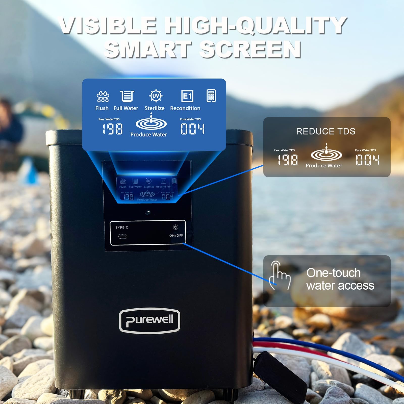 Purewell Przenośny oczyszczacz wody RO - 10-stopniowy filtr do wody survivalowej z promieniowaniem UV, wskaźnik odsalania 95% - system filtracji na kemping, wędrówki, podróże RV i w nagłych wypadkach