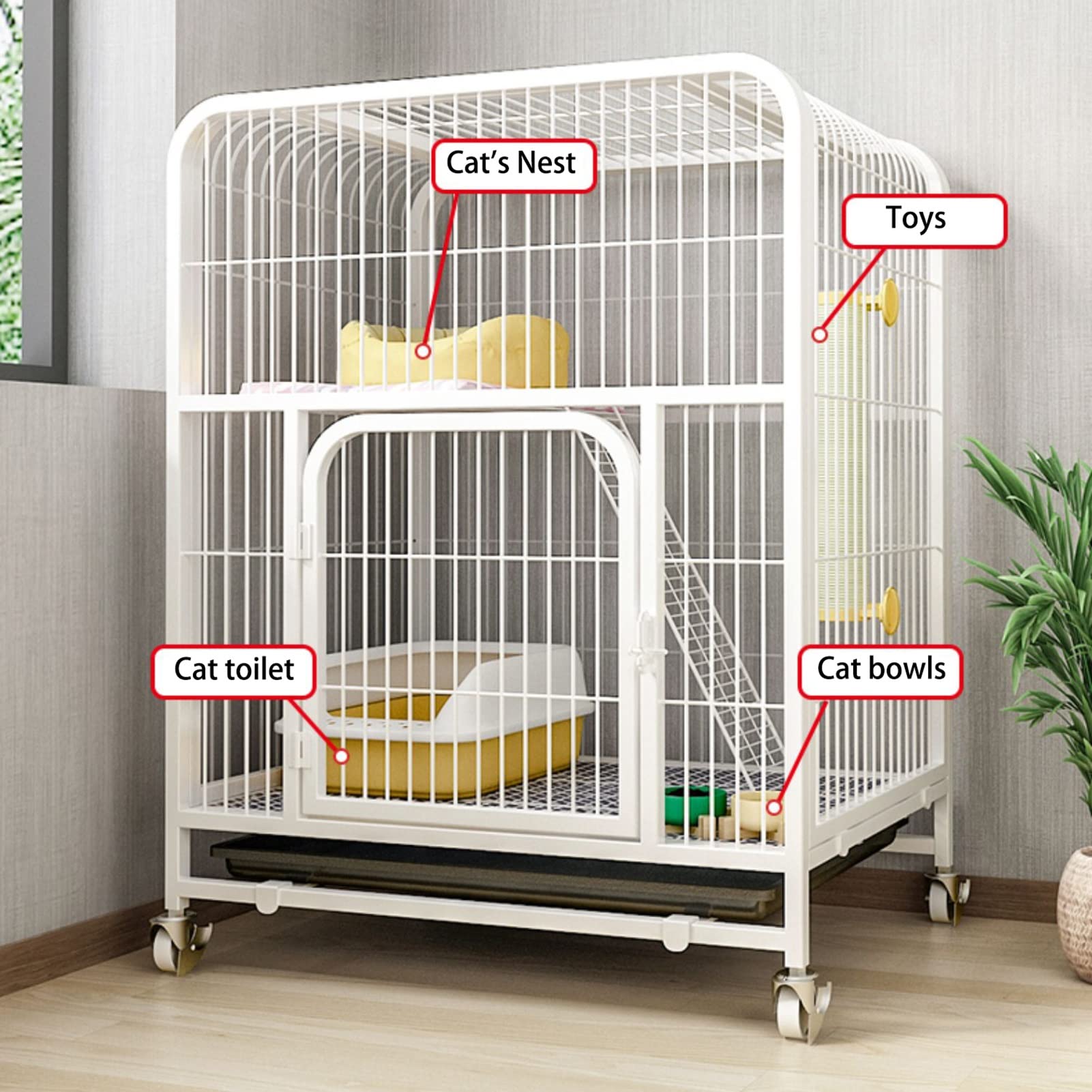 Grande gabbia per gatti a 2 livelli con ruote, rampa e amaca, per interni ed esterni, cuccia e box per cincillà e furetti, nero (60 x 45 x 66 cm)