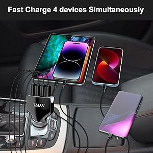 LMAV USB Car Charger Adapter, 4-Port QC 3.0 Car Charger Fast Charging for All Smartphone and Other USB Devices.
