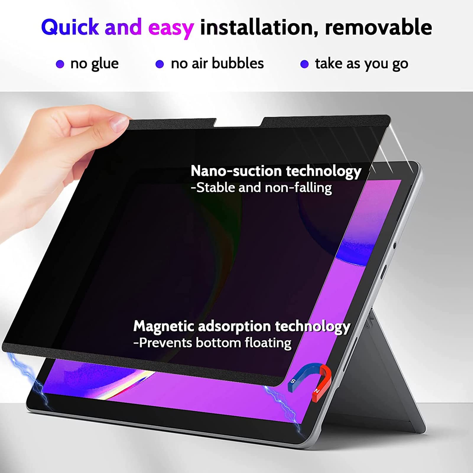Private Screen, Magnetic Suction Screen Protector Removable 10.5 Inch Anti Blue Ray 30 Degrees Limit for Surface Go 3