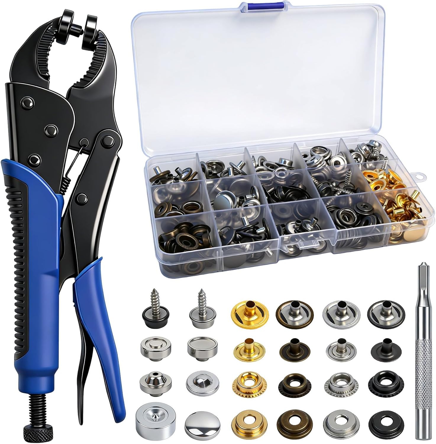 Heavy Duty Snap Fastener Tool Kit with 5 Dies and 15mm Metal Snaps, 266 PCS 4 Color Stainless Steel Snap Tool Set, All-in-One Fastener Repair for Boat Covers, Awnings, Denim, Leather, Canvas