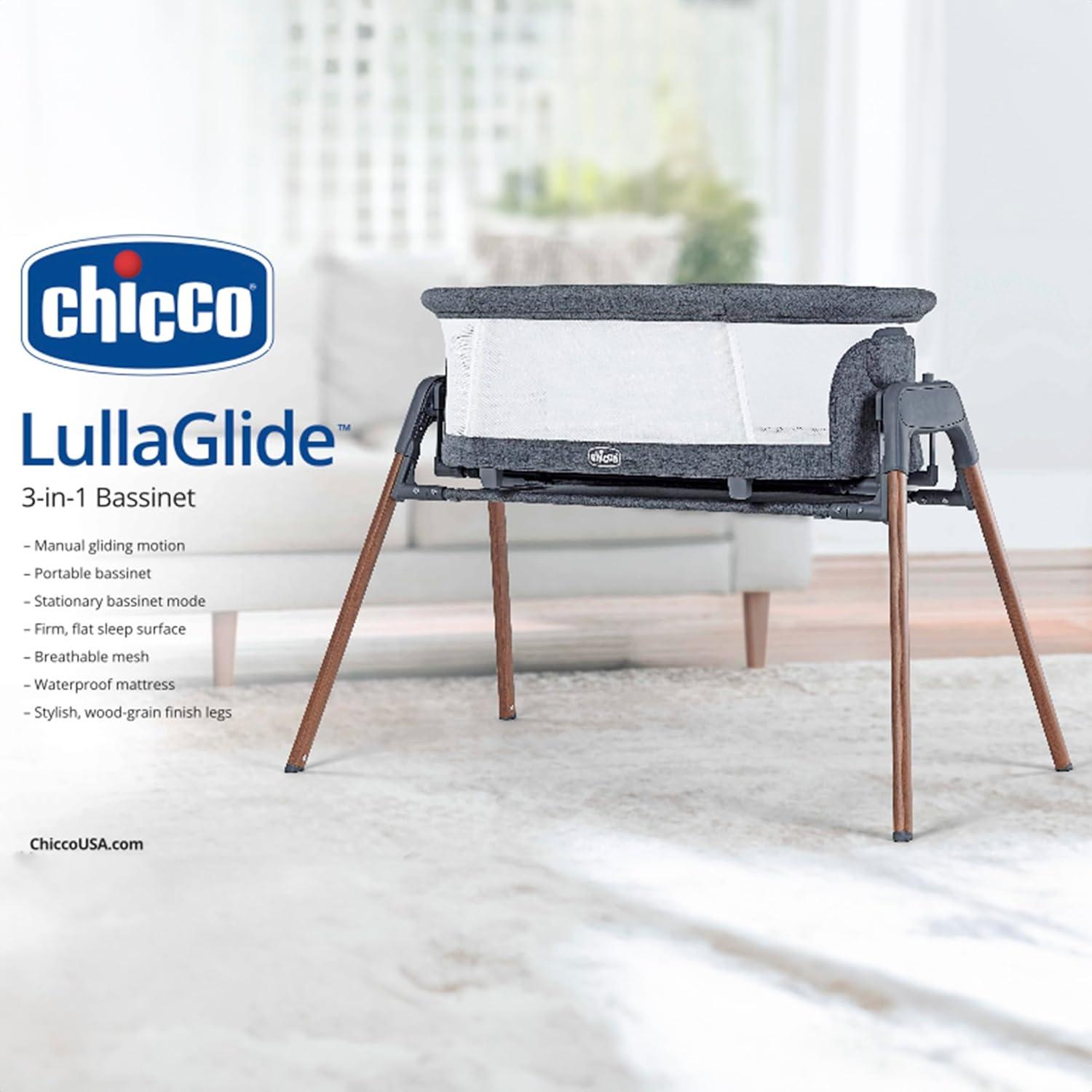 Chicco LullaGlide 3-in-1 Stationary, Gliding, and Portable Baby Bassinet, Waterproof Mattress and Fitted Sheet, Travel Bassinet for Baby Includes Carry Bag | Luna/Grey - Image 3