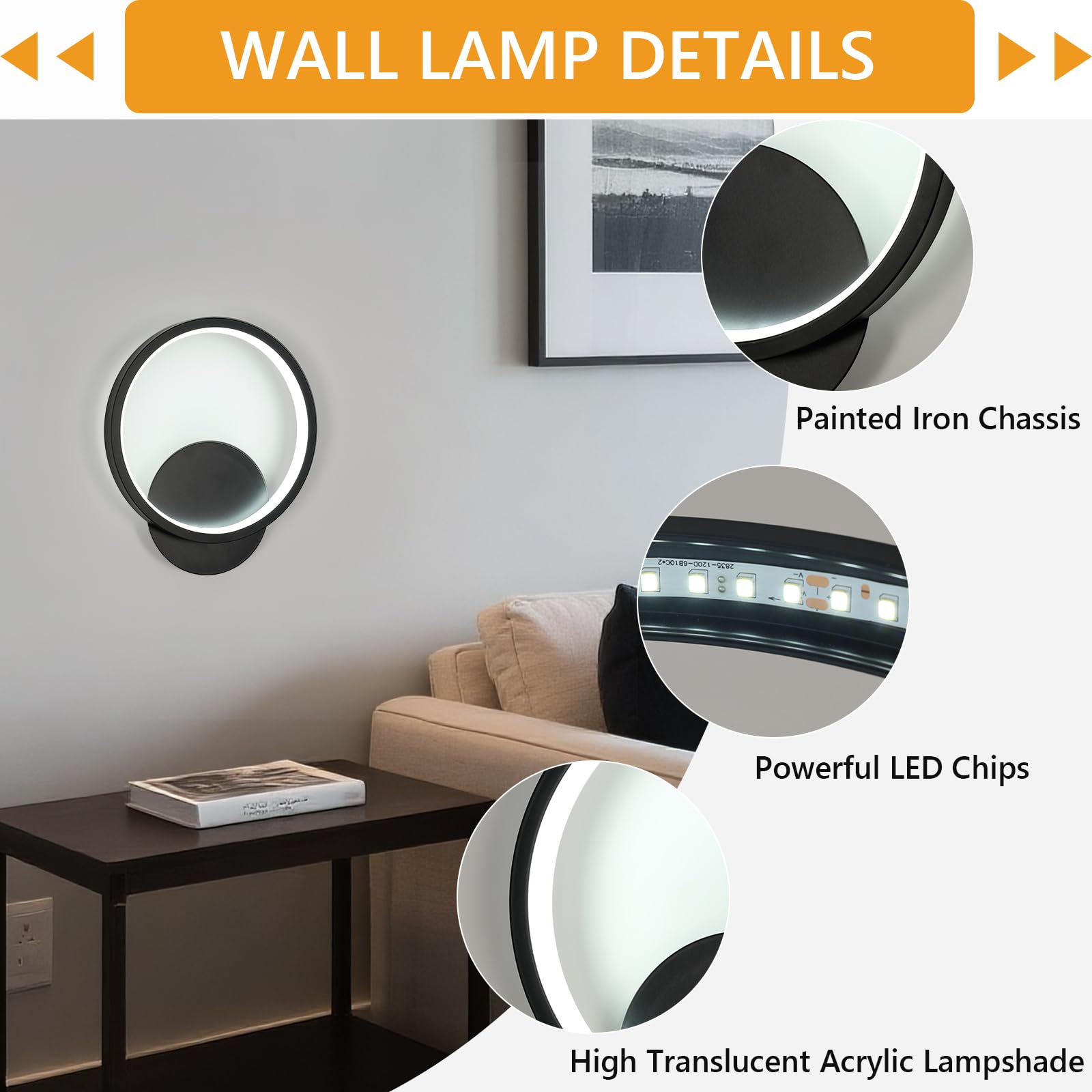 Toolight 2 Pièces Applique Murale 12W 6500K Noir Ø20cm Salon Chambre