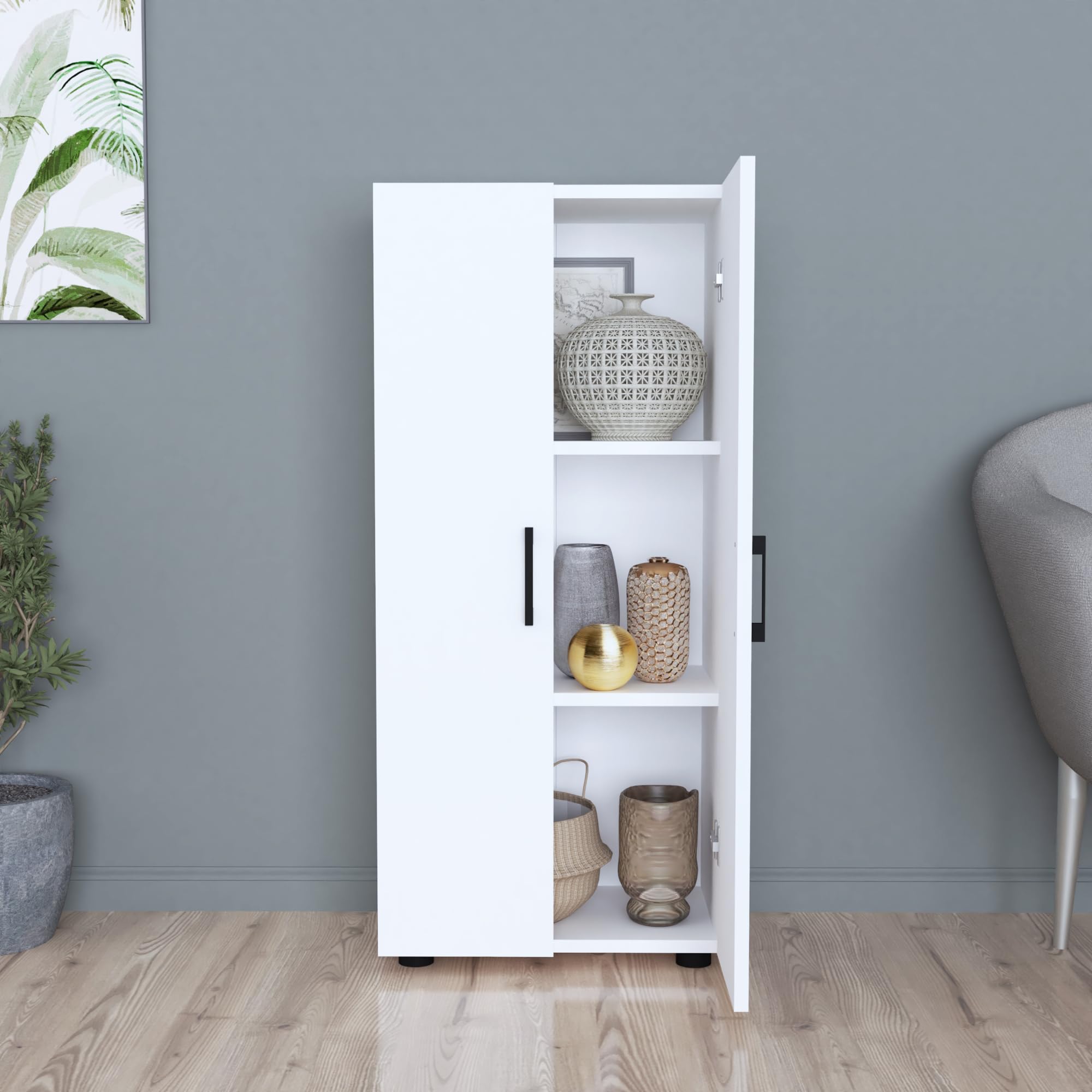 [en.casa] Armario Auxiliar Aparador 2 Puertas con Tiradores y 3 Compartimentos para Dormitorio Cocina Despacho Estable Aglomerado 108 x 49 x 32 cm - Blanco