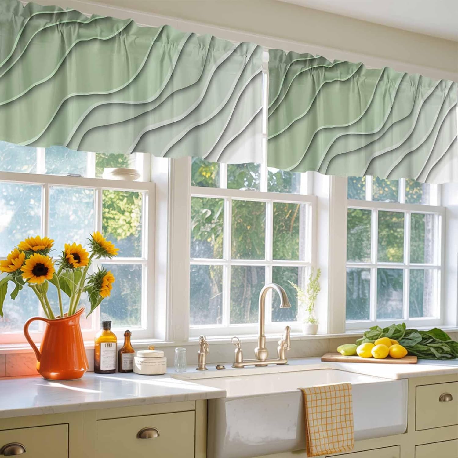 Sage Green Ombre Valance Curtain for Kithchen Windows Green and Grey Gradient Modern Abstract Geometric Tier Curtain Rod Pocket Valances for Bedroom/Living Room/Bathroom, 2 Panels, 54x18 Inch