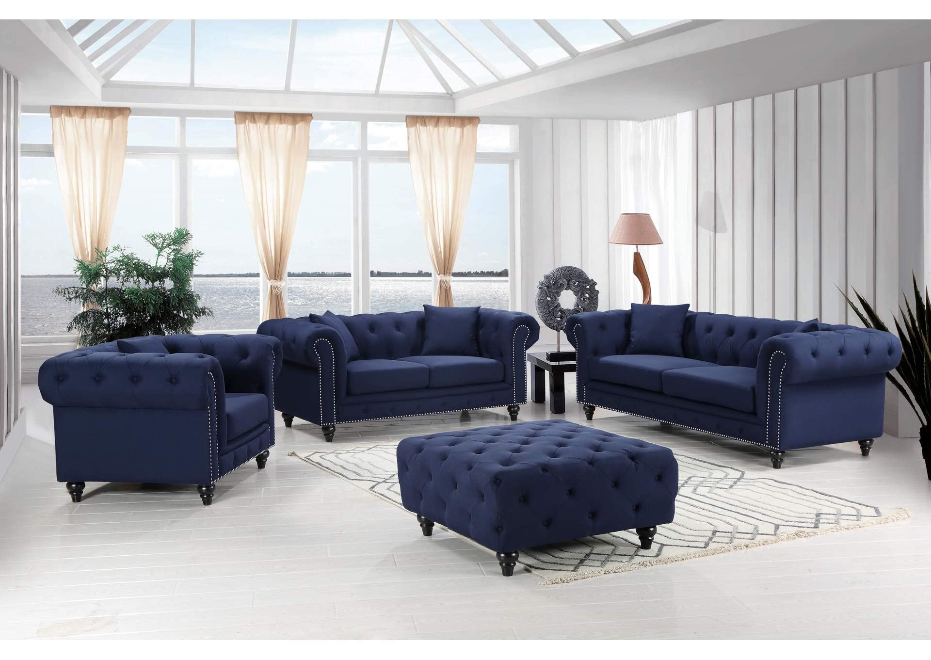 MODERN WAVE Meridian Fabric 6 Seater Chesterfield & Ottoman Sofa Chaise Lounge Sectional Sofa for Living Room Bedroom Office. (Blue)