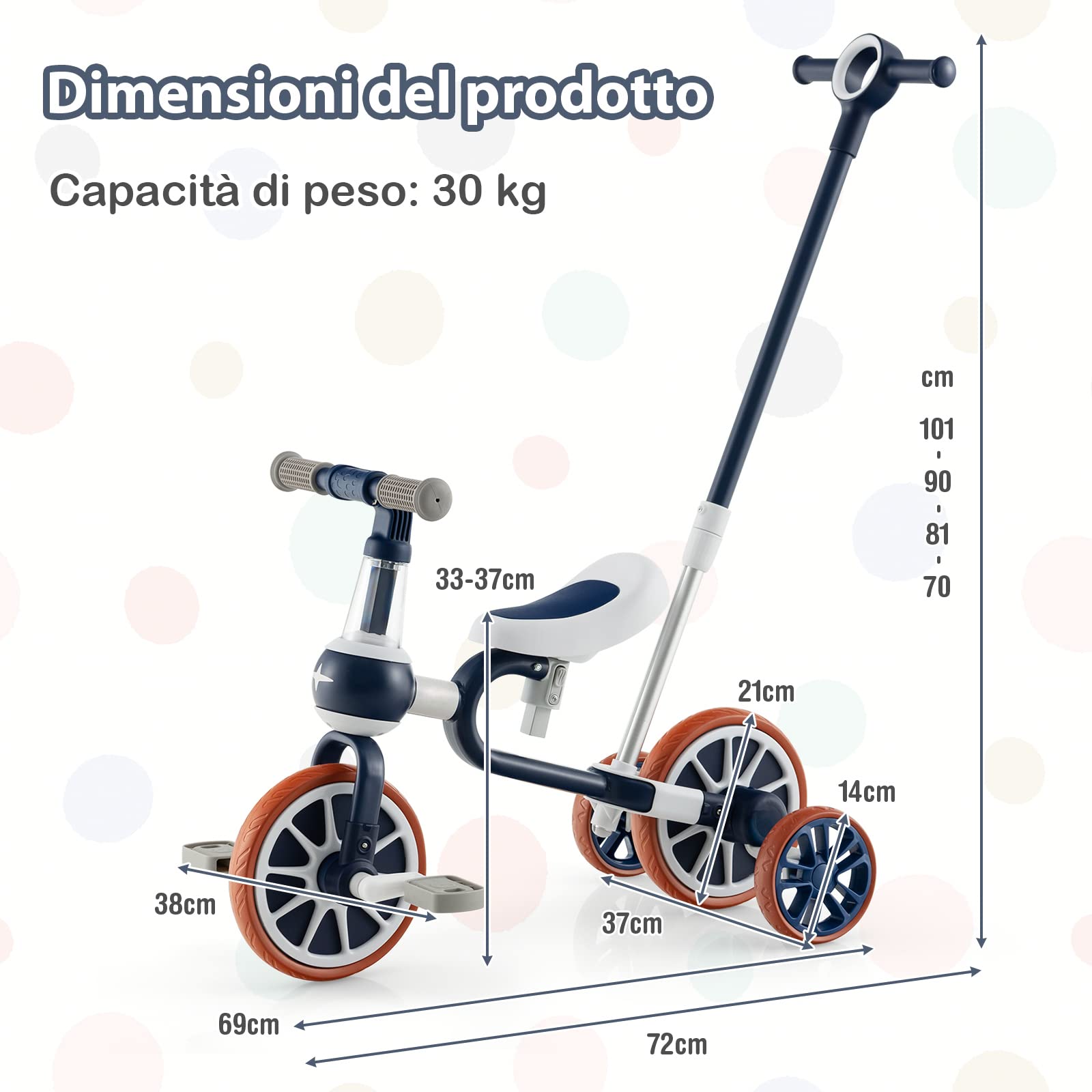 COSTWAY 4 in 1 Triciclo per Bambini con Maniglia di Spinta, Triciclo per Bambini Bicicletta Equilibrio con Maniglia, Sedile Regolabili e Pedali Rimovibili, per 2-4 anni (Blu Navy)