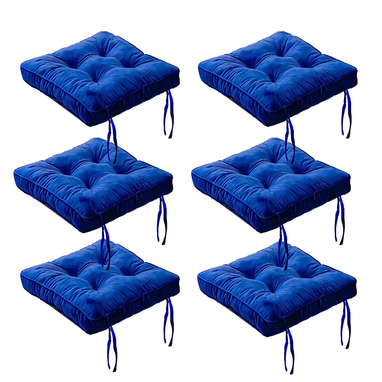 ZIBENE Square Dining Room Chair Cushions Set Of 6, Chair Pads for Dining Chairs 6 Pack with Ties, Extra Thick Seat Cushion with Anti-Slip Straps and Hidden Zipper, Durable Velvet Cover Navy Blue
