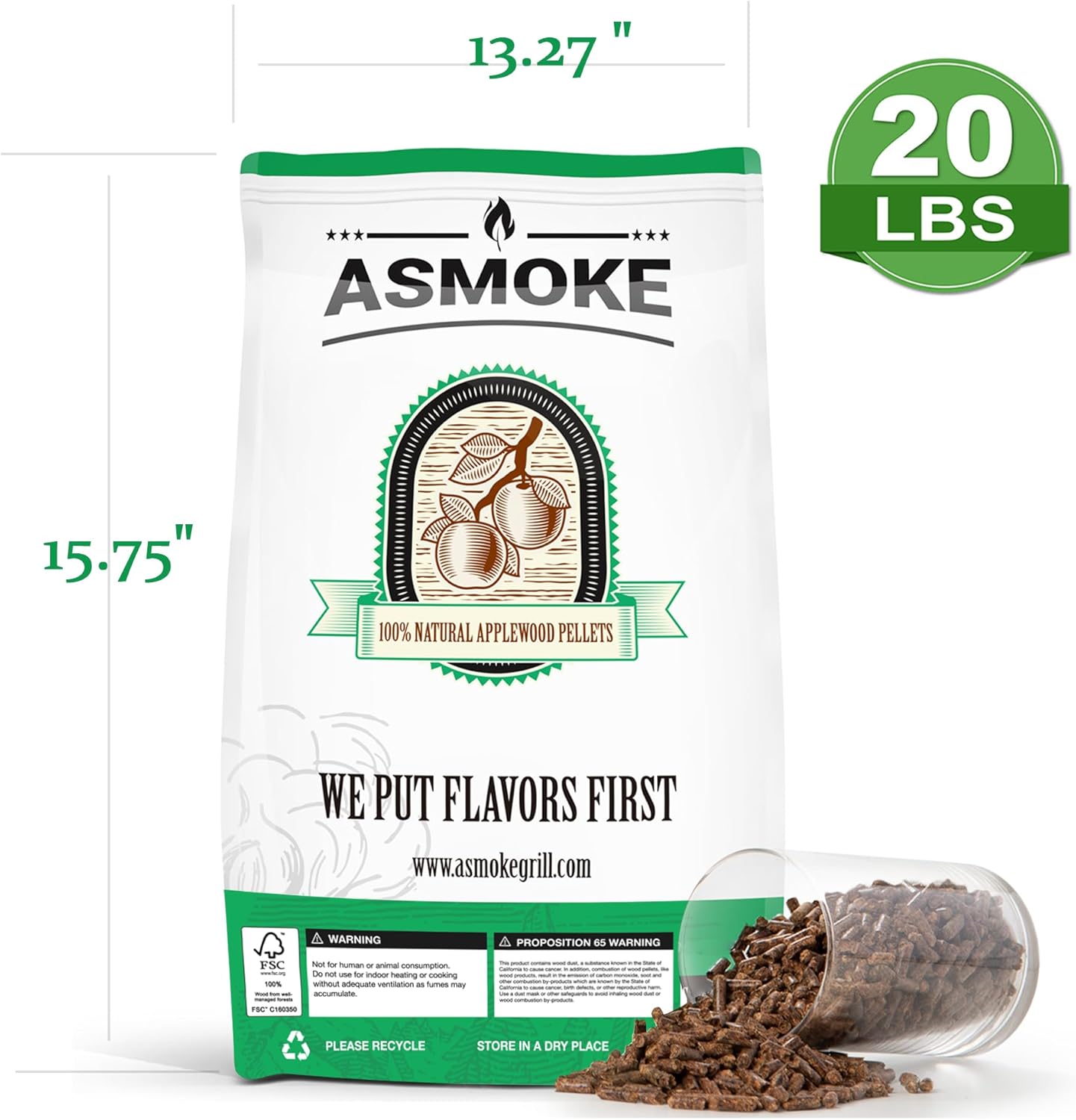 ASMOKE 100% Nature Apple Wood Pellets for Smoker Grill, 20lb Resealable Bag, Smoker Pellets for Juicy Meat, Low Moisture Grill Pellets for BBQ, Pizza