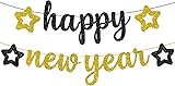 Black Gold Glittery Happy New Year Banner Paper Star Bunting Hanging Garland for New Year Theme Party Decoration