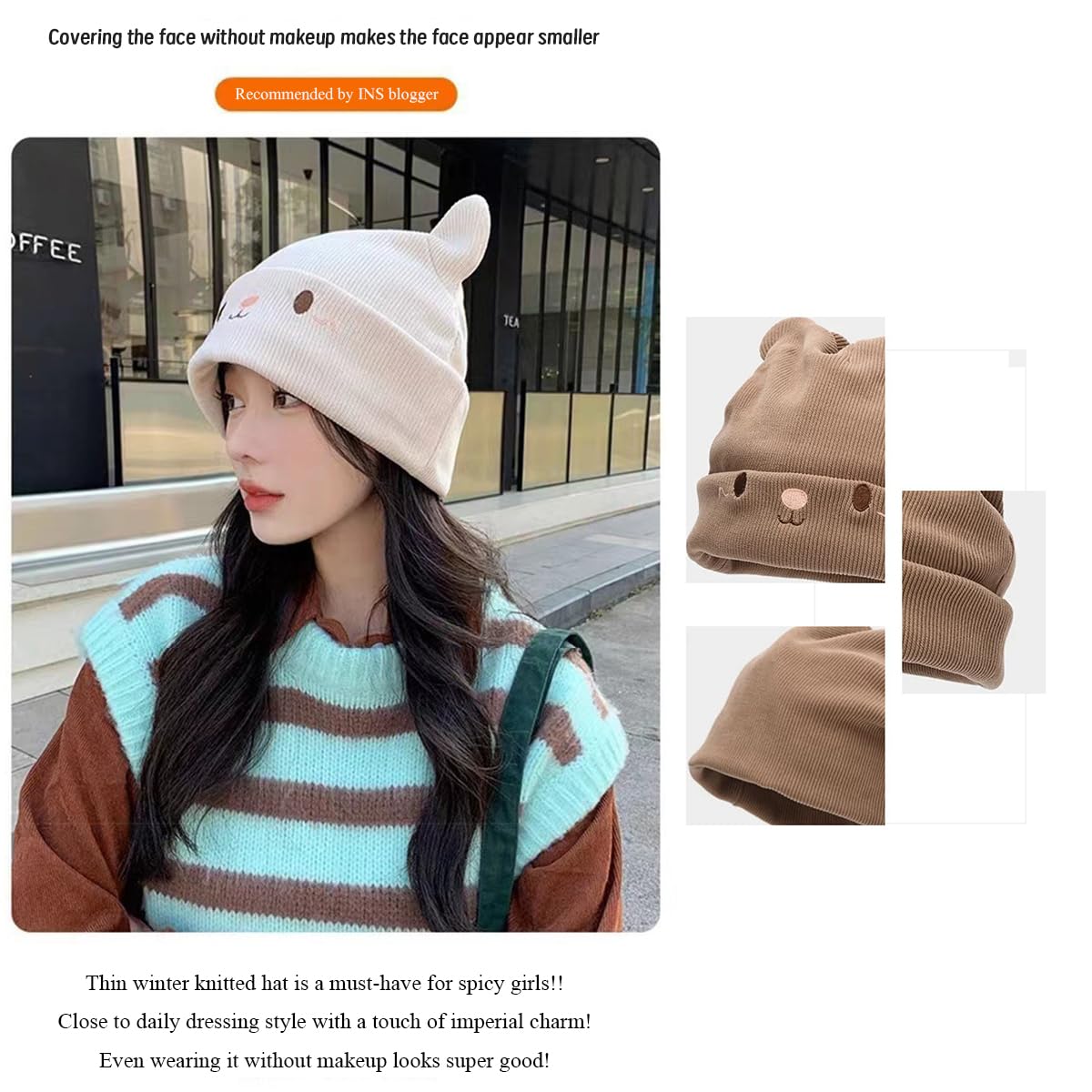 Gorros de punto para mujer de invierno con gorras de forro polar, gorro de invierno fino para hombre, diseño de orejas de gato, gorra deportiva para senderismo, 54-59 cm