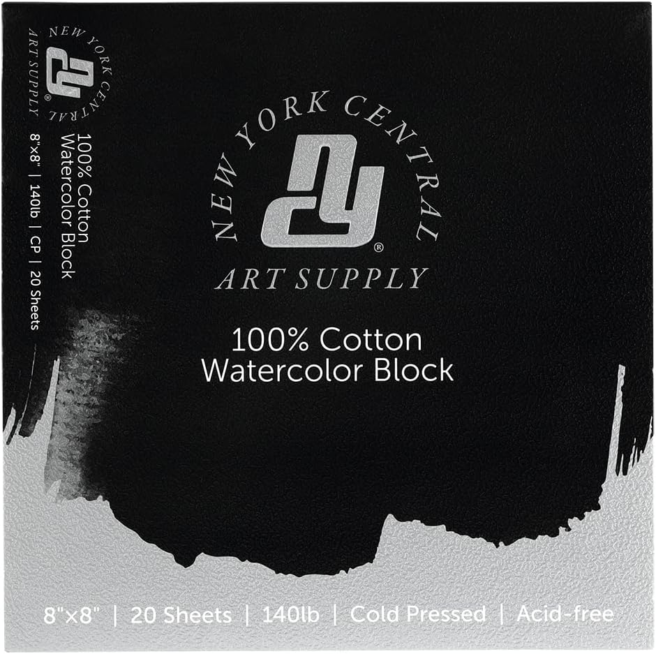 New York Central Watercolor Block, 140 lb Cold Press 8x8 inch, 20 Sheets, Archival Watercolor Paper for Artists, Students, Gelatin Sized, Durable Water Color Paper, Suitable for Wet and Dry Media