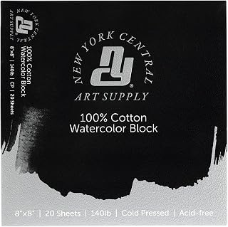 New York Central Watercolor Block, 140 lb Cold Press 8x8 inch, 20 Sheets, Archival Watercolor Paper for Artists, Students, Gelatin Sized, Durable Water Color Paper, Suitable for Wet and Dry Media