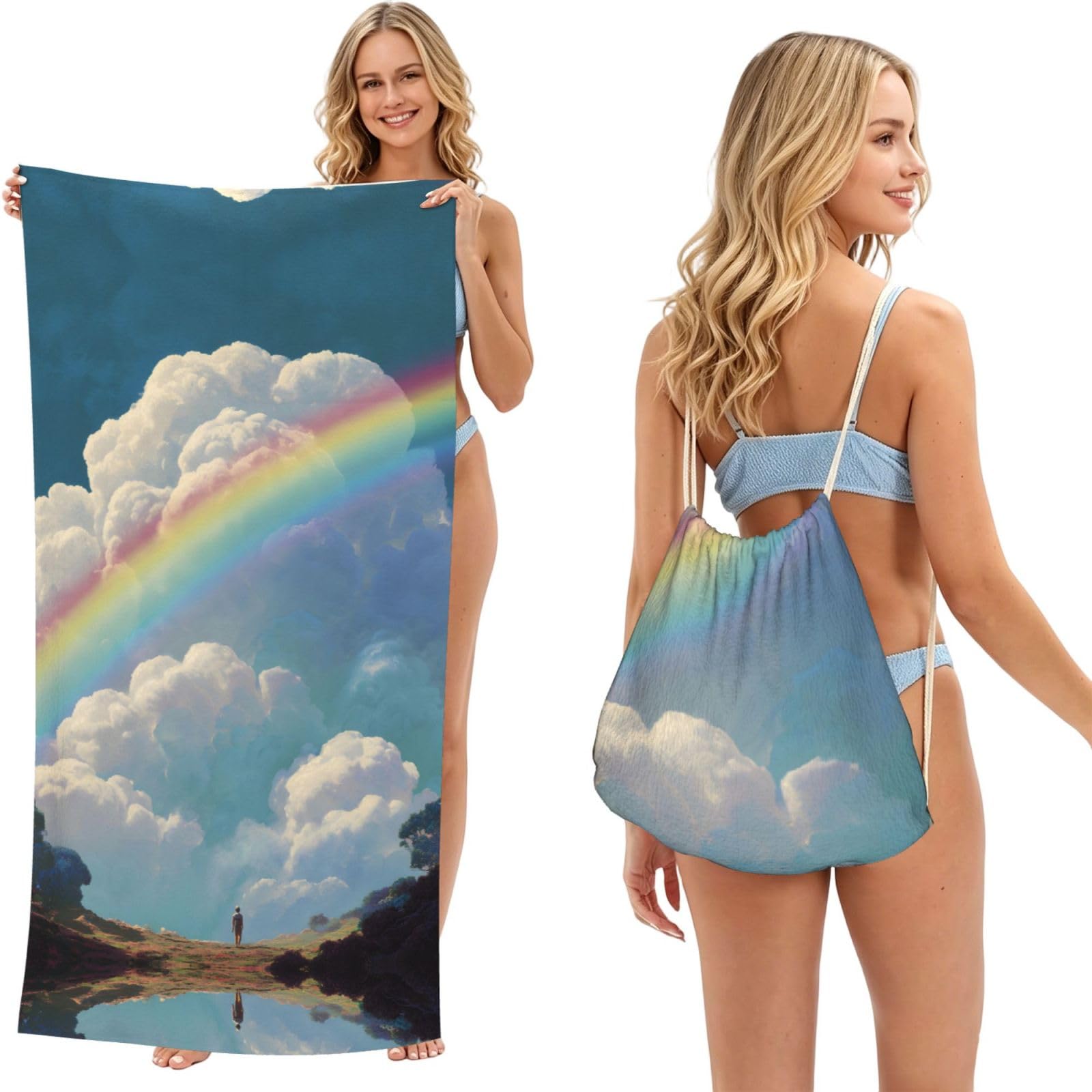 ESNAIUVCD Rainbow Print Beach Towel For Adults,Towel With Drawstring Bag, Travel Pool Swimming Sports Shower Sand Free Quick Dry Bath Towel For Pool, Beach, Yoga- 180x60cm