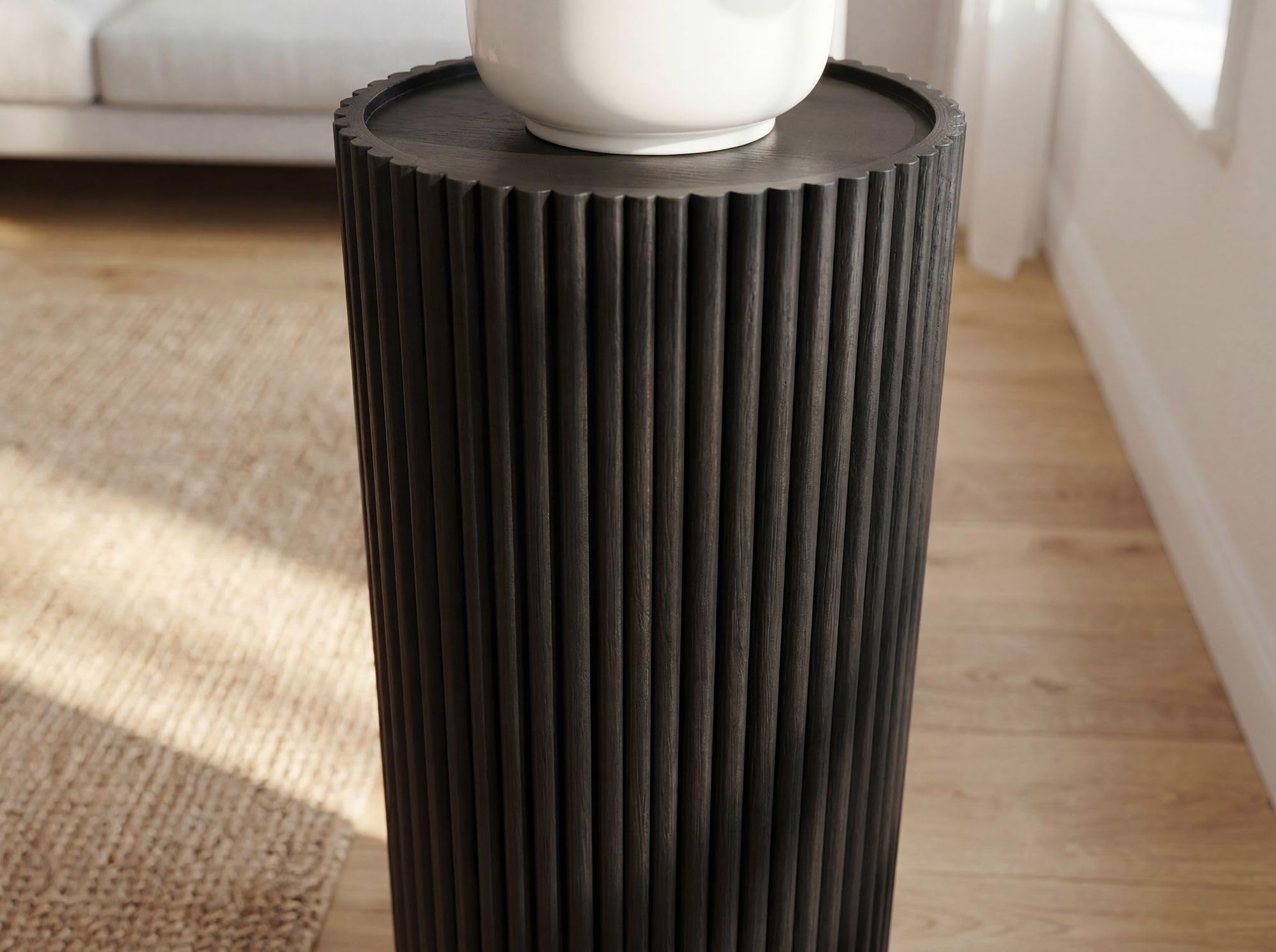 FineBuy Dekosäule 30x30x80 cm Akazie Massivholz Schwarz, Rund | Blumensäule hoch im Block-Design, Pflanzensäule aus Echtholz, Holzsäule handgefertigt, Wohndeko