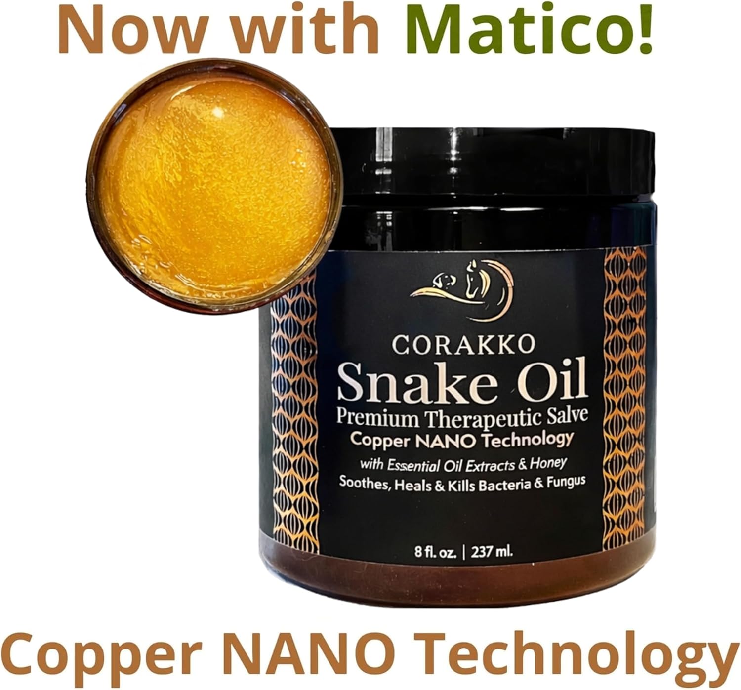 Corakko Snake Oil - Premium Therapeutic Salve w/Matico - Copper NANO Technology w/Essential Oil Extracts & Honey - Treats Wounds, Scratches, Hotspots, Rain Rot, Cracked Hooves, Summer Sores - 8oz
