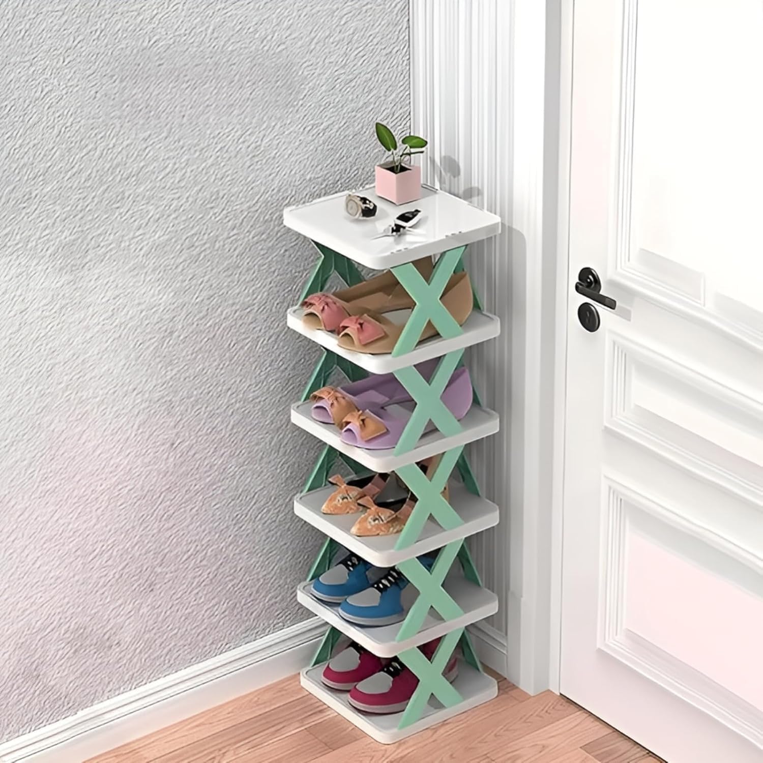 6 Layer Plastic Shoe Rack for Home Stackable & Adjustable Shoe Organizer Shelf for Entryway, Bedroom & Corner Use Space-Saving Foldable Stand with Book & Shoe Storage Slots