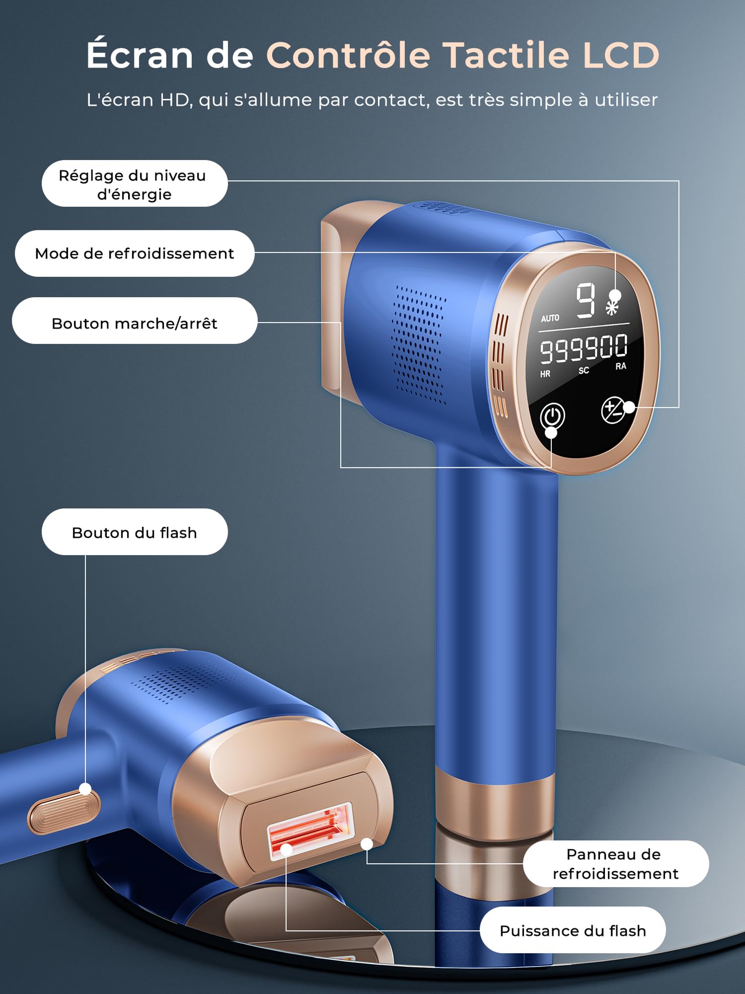 Épilateur Lumière Pulsée avec Fonction de Refroidissement, Épilation Laser sans Douleur avec 9 Niveaux D'énergie pour Femmes et Hommes, Visage, Aisselles, Bikini, Jambes, Corps, Blau