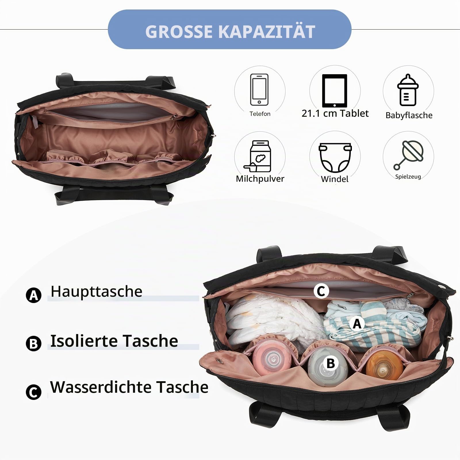 Miss Lulu Wickeltasche für Kinderwagen Wasserdichte Multifunktionale Babytasche mit Kinderwagenhaken Diaper Bag für Mütter Ideal für Schwangerschaf/Krankenhaus/Reisen/Babypflege, Große Kapazität