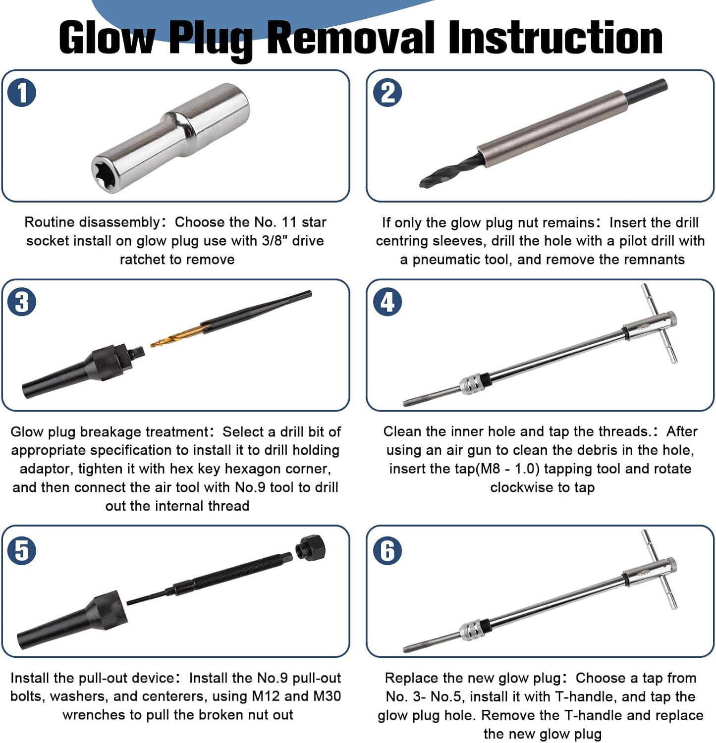16PCS Glow Plug Removal Tool Kit, Professional Broken and Damaged Glow Plug Remover, Extractor Set with Complete Accessories for Cylinder Heads 0.3” 0.4”