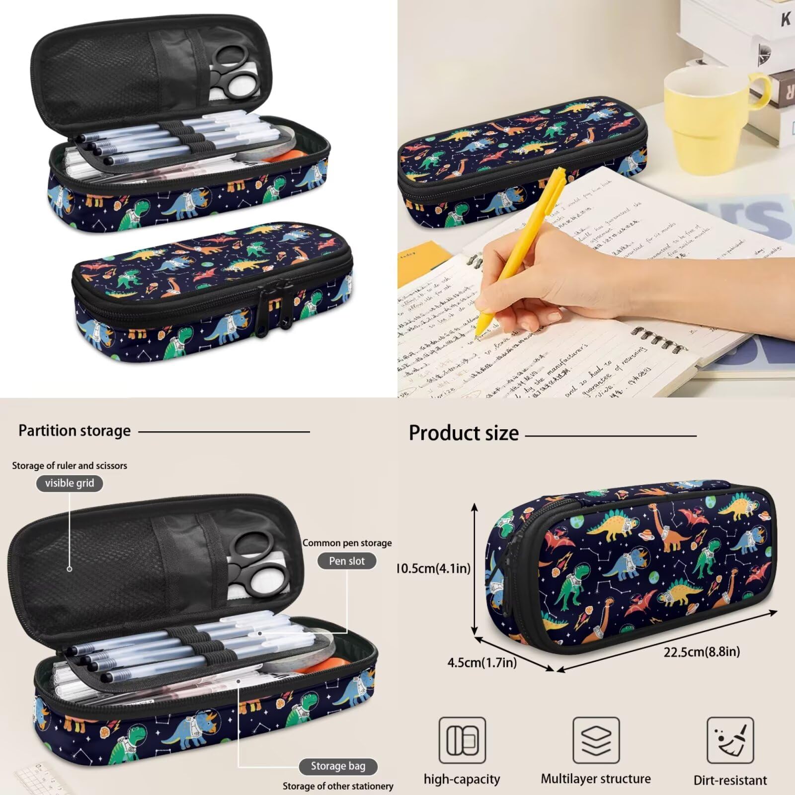 HUGS IDEA Zaino per ragazzi con portapranzo da 43,2 cm, impermeabile, borsa per libri scolastici, astuccio portachiavi 4 in 1, Dinosauro spaziale