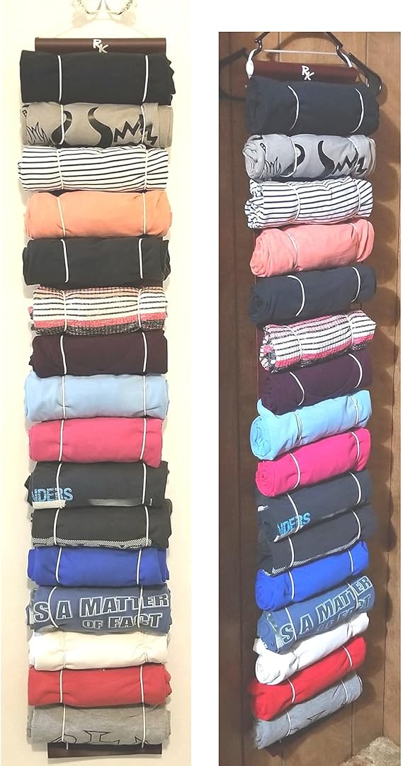 The organizer holding 16 T-shirts while hanging in a closet