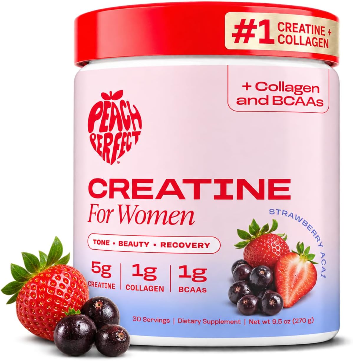 Peach Perfect Creatine for Women โ Micronized Creatine Monohydrate Powder with BCAA & Collagen for Glute Strength Support, Boost Energy, Focus, Strength, and Endurance โ Strawberry Acai, 30 Servings