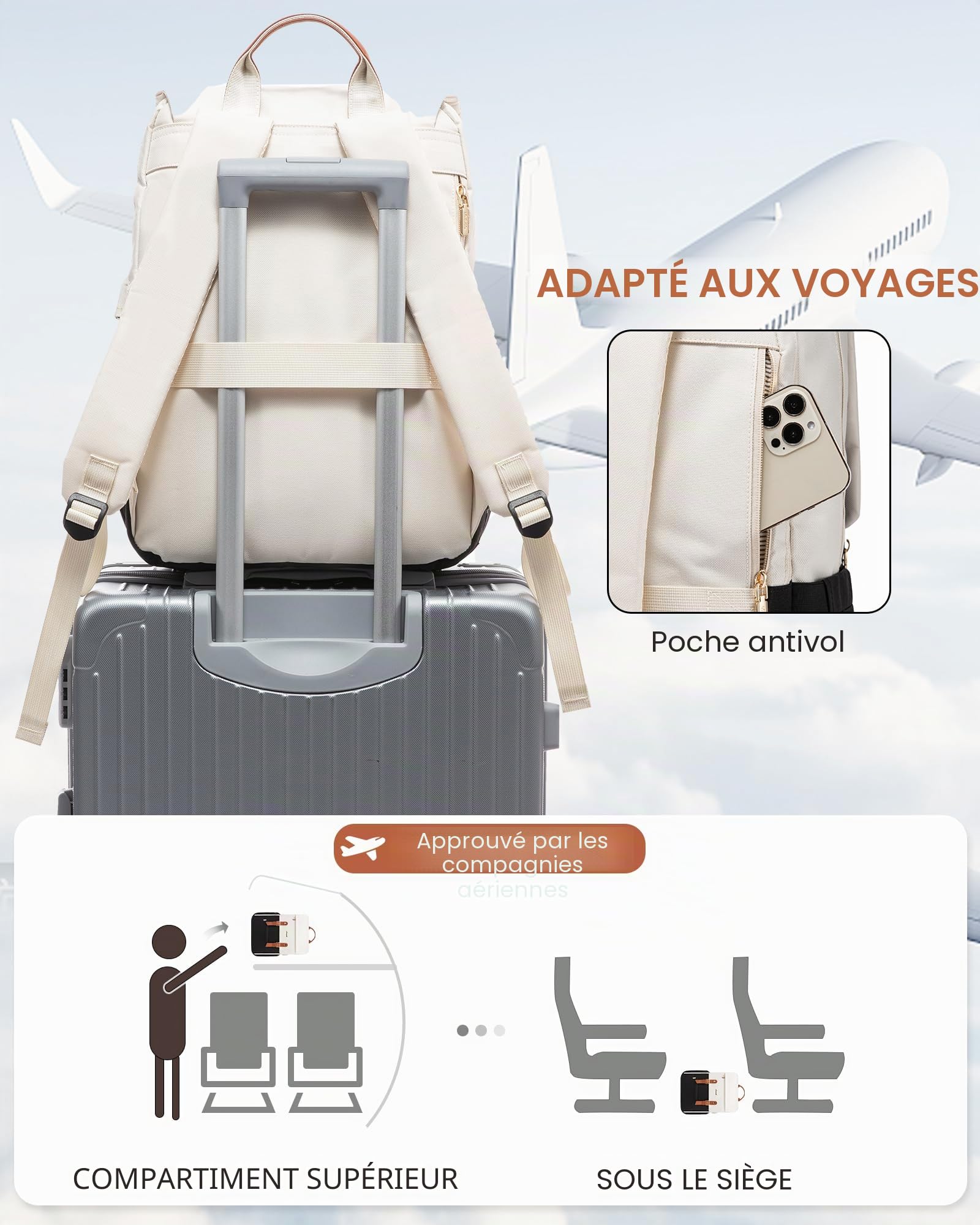LOVEVOOK Sac à Dos College 17.3 Pouces Antivol Ordi Pc, Renforcé pour Voyage, Leger Loisir, Beige Noir