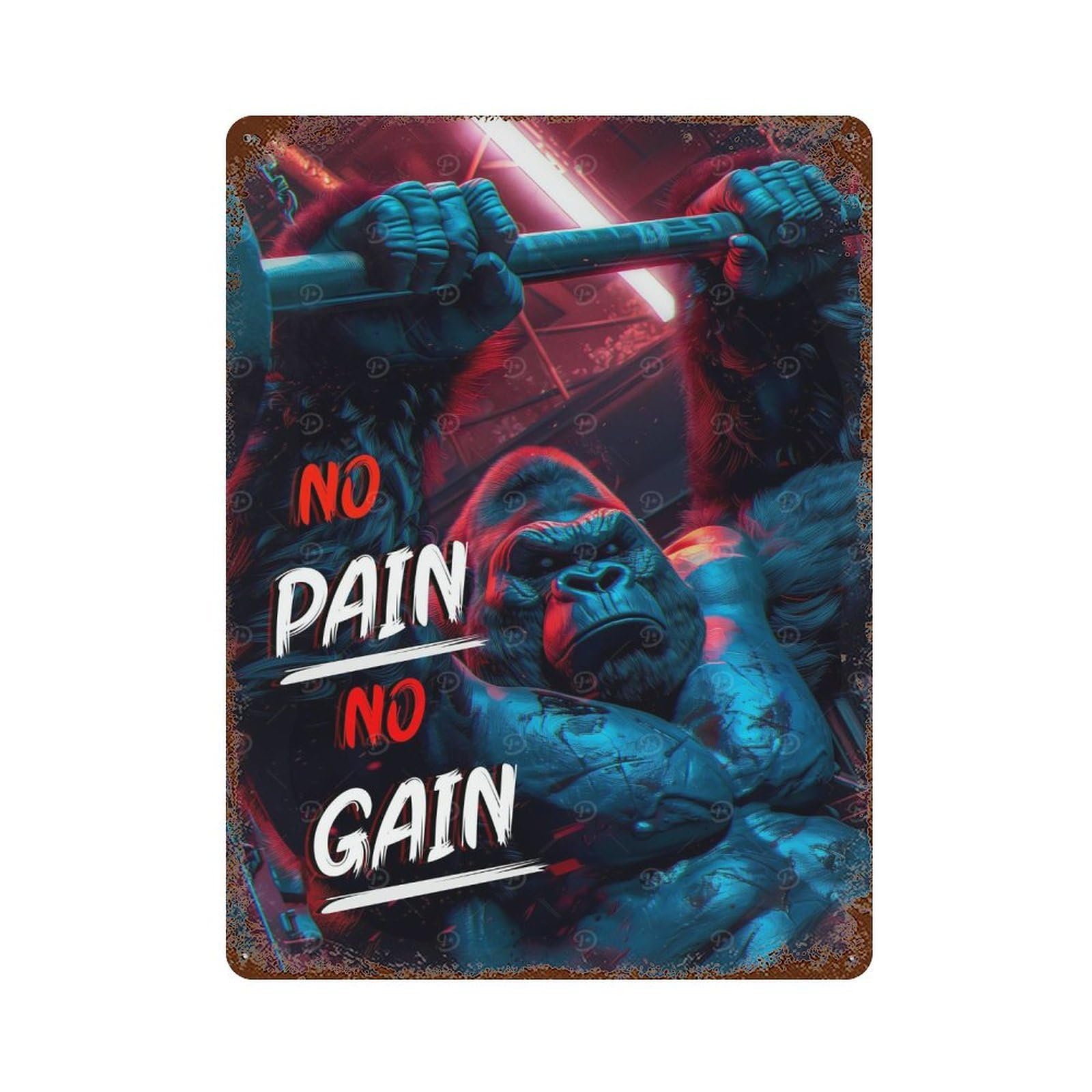 No Pain No Gain Gorilla 15.7"x11.8" Rusty Metal Tin Sign, Farmhouse Wall Decor for Office, Studio And Wall Decor