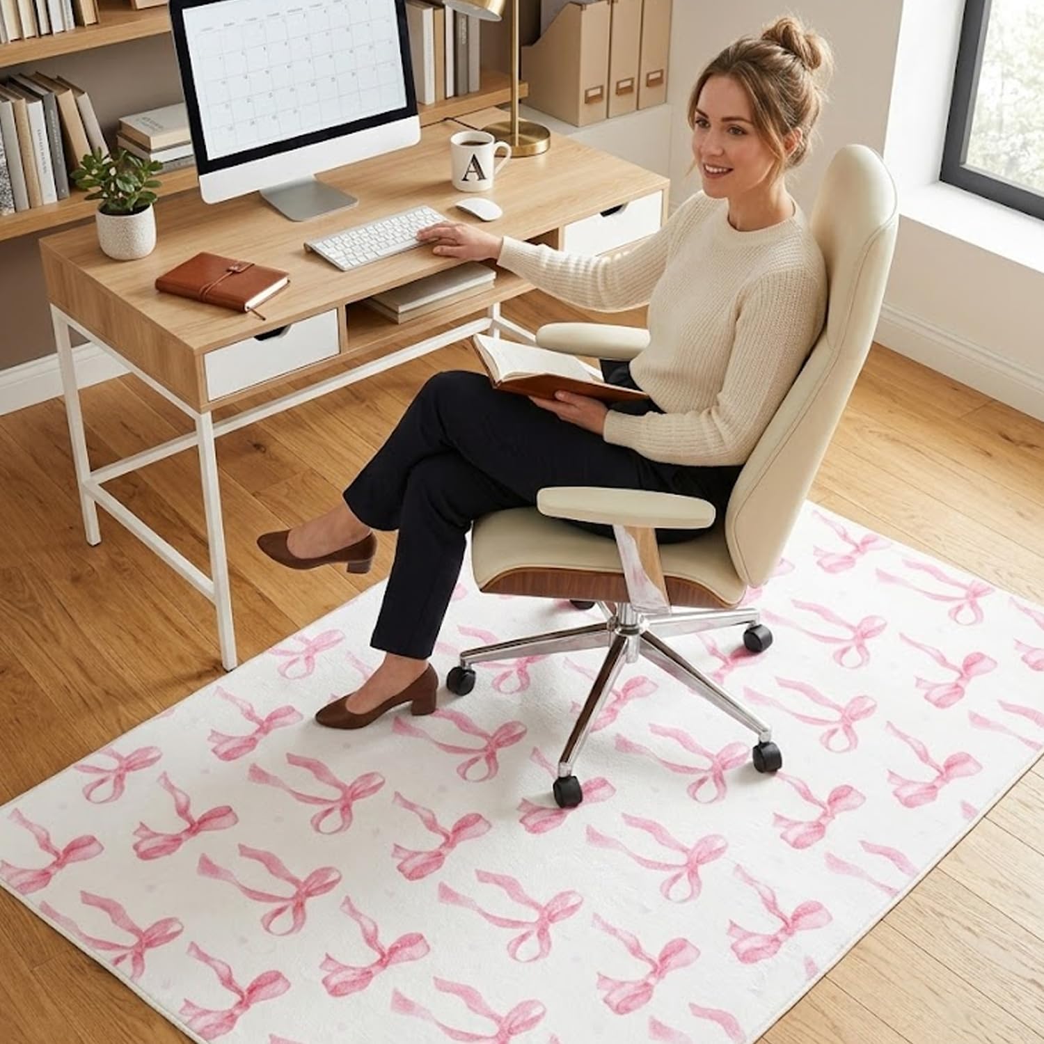 Office Chair Mat for Hardwood/Tile Floor, 36"x48"Desk Chair Mat for Rolling, Non Slip Under TPR Backing Low-Pile Rug(Pink Cute Bow)