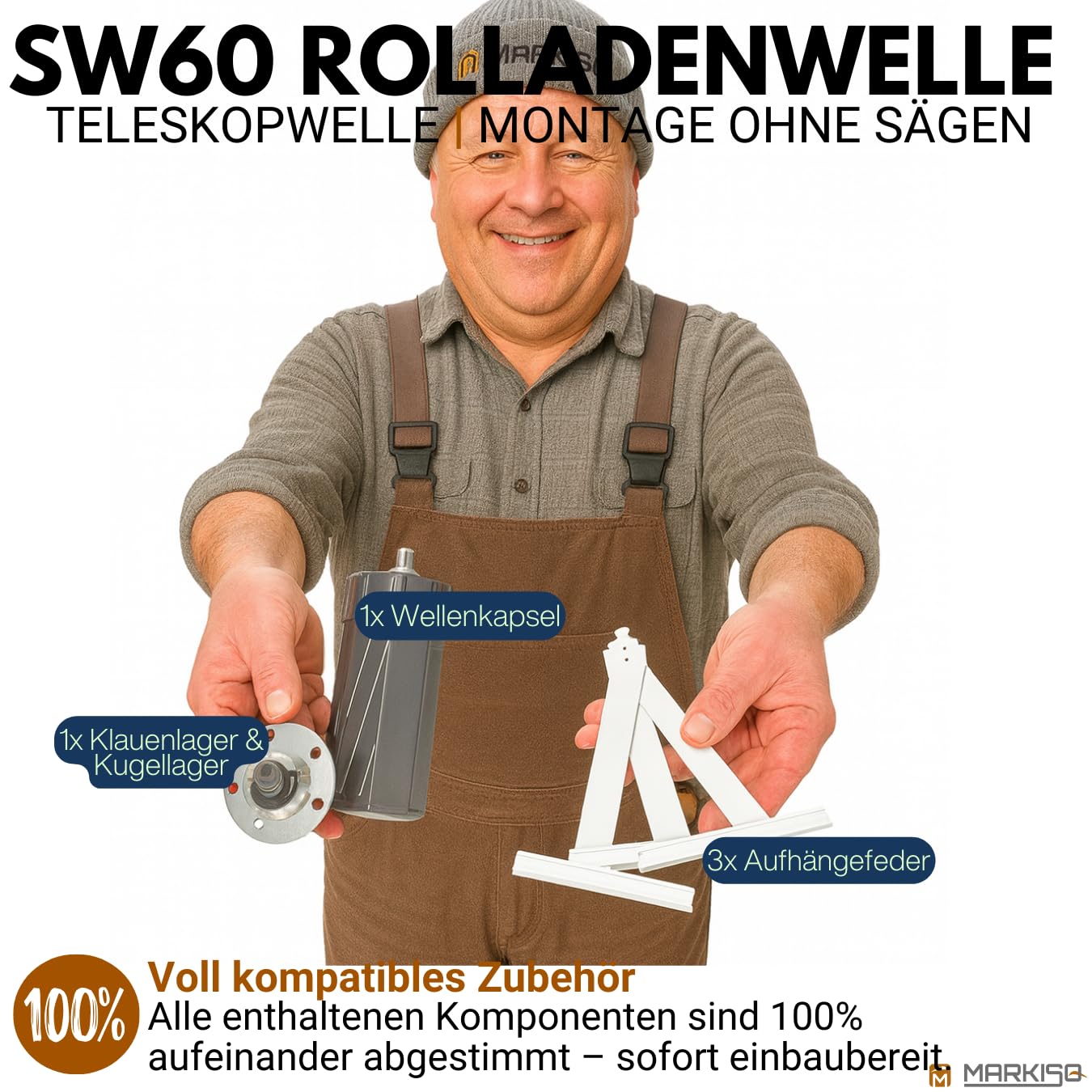 Rolladenwelle SW60 Komplettset Stahlwelle für Rollladen, Achtkantwelle mit Ø 60mm Durchmesser | Fixmaße 120 cm - Umrüstset für Einbau Rolladenmotor