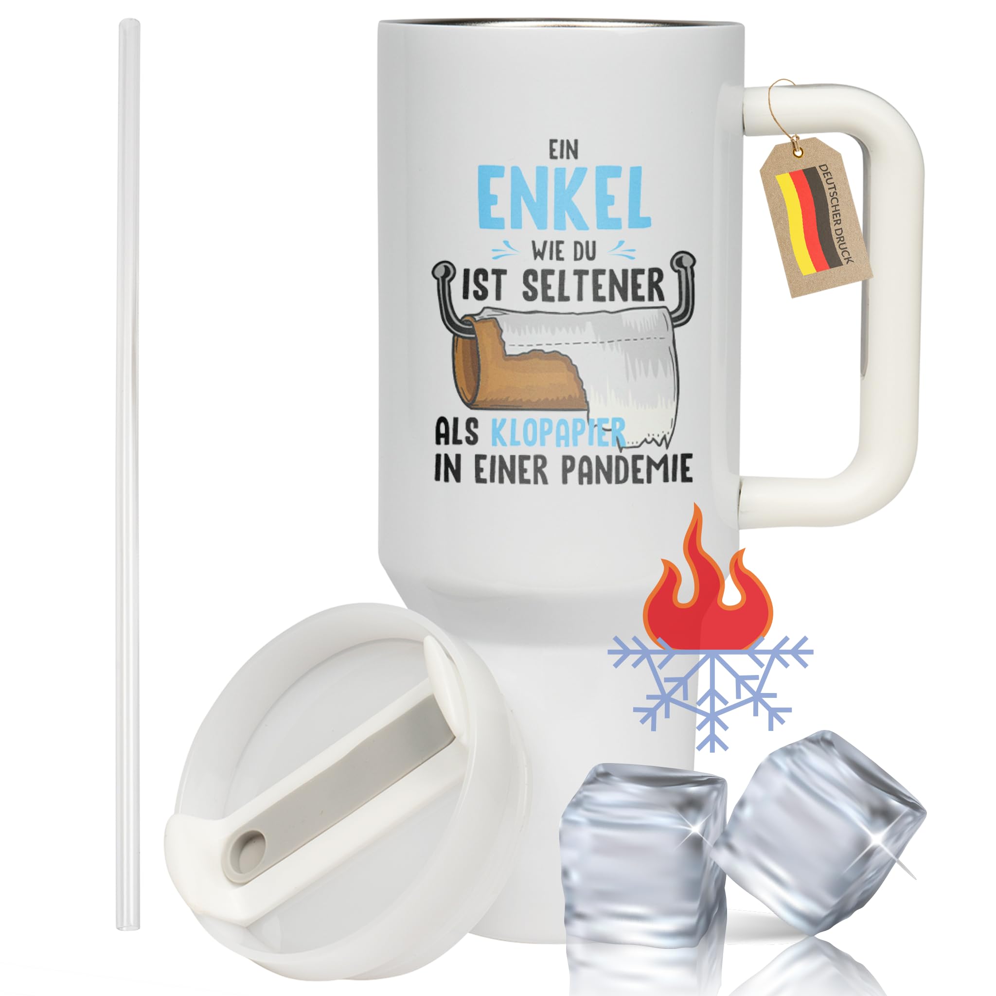 XXL Thermobecher für Enkel – Lustiges Geschenk zum Geburtstag & Weihnachten – Edelstahl Trinkflasche, Weiß mit Spruch Ein Enkel wie du (WIEDERVERWENDBAR)