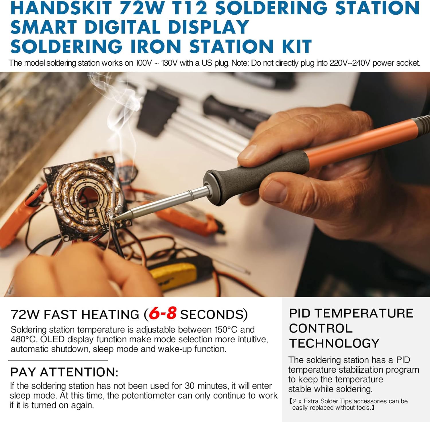 Soldering Iron Station Kit, 72W Digital Display with Adjustable Temperature (150°C-480°C), OLED Display, Auto Sleep Function, 2 Tips, 50g Solder Wire, Solder Sucker, Tweezers