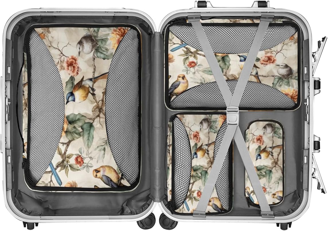 Retro Flowers Bird 4 Set Packing Cubes Packing Cubes for Women Lightweight Travel Essential Bag Clothes Carry on Suitcase Bags for Accessories Essentials