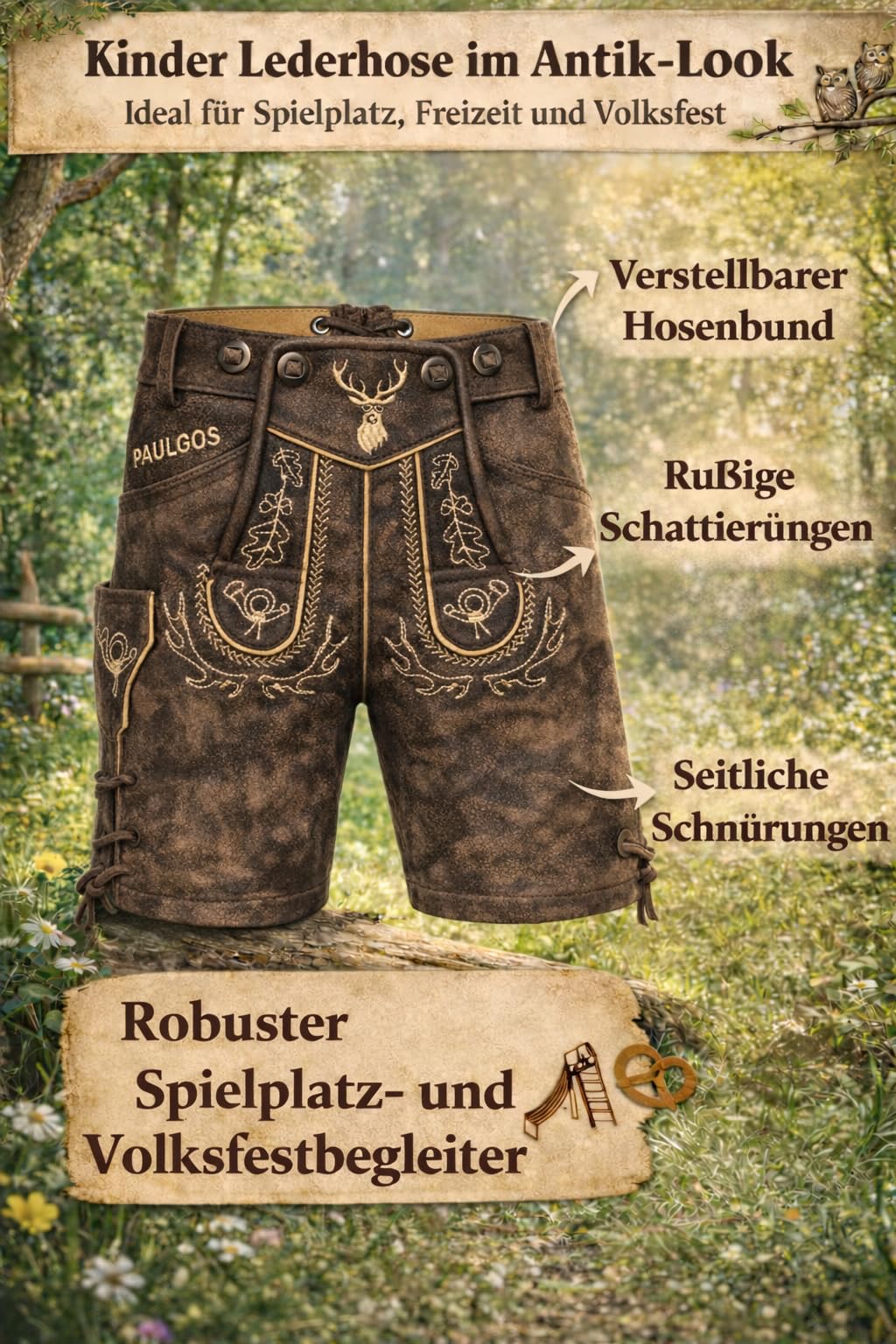 PAULGOS Kinder Trachten Lederhose KK2-ANTIK + Träger, Echtes Leder, Gr. 86-164