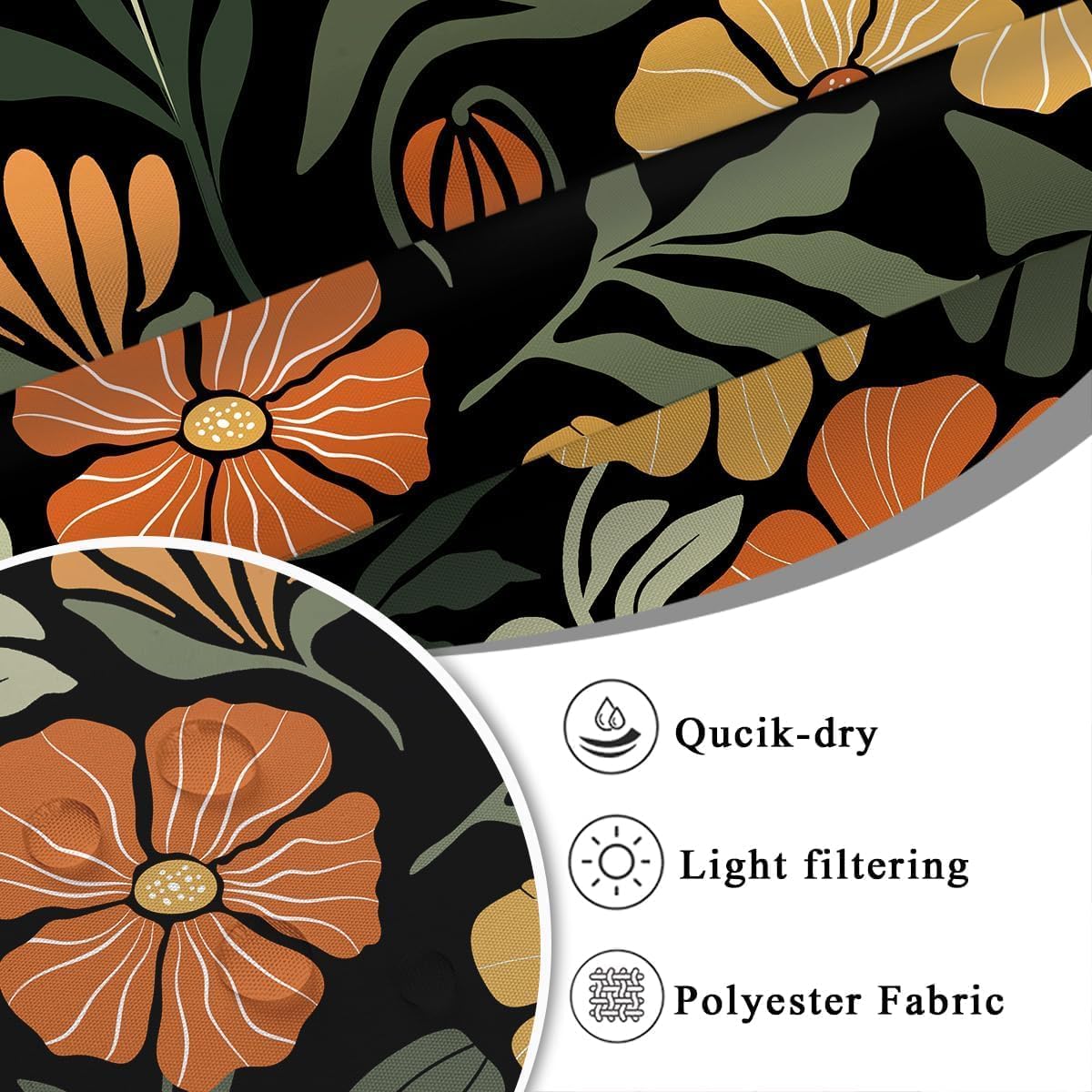 Boho Floral Bathroom Sets 4 Piece with 60x72 Inch Shower Curtain, Bohemian Fun Vintage Retro Flower Design, Orange and Black Botanical Plant Non-Slip Bath Mat U Shape Rug and Toilet Lid Cover