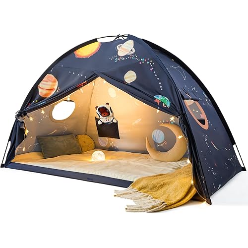 Tiny Land Space Galaxy Bed Tent for Kids – Sleep Bed Canopy with 9 Planets Design, Easy-to-Install Indoor Kids Play Tent, Imaginative Playhouse, Ideal Gift for Boys & Girls – 77" x 40" x 46"